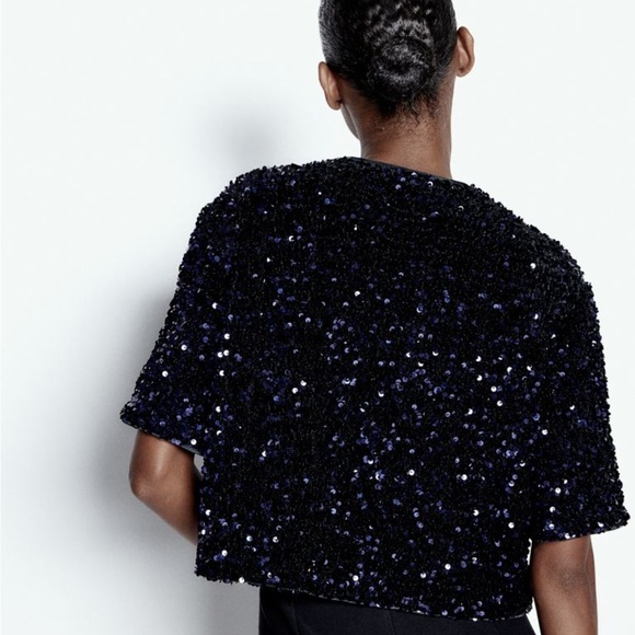 H&M Tie-Front Sequined Jacket Navy Blue with Bow S,M,L Holiday - Picture 4 of 8